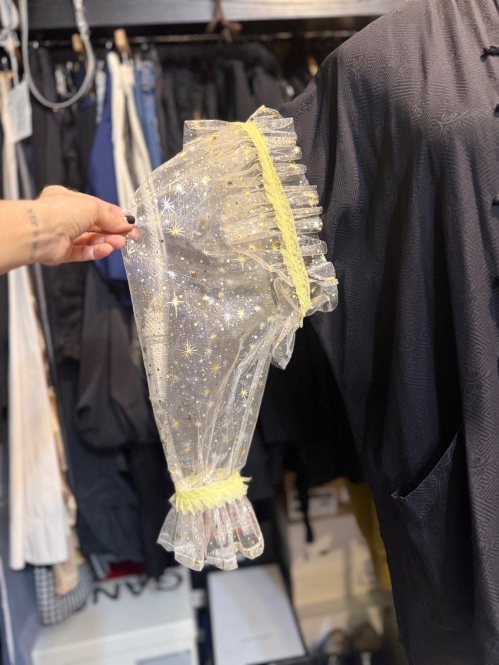Black Silk Shirt with Oversized Puffy Tulle Sleeves - Picture 6 of 10